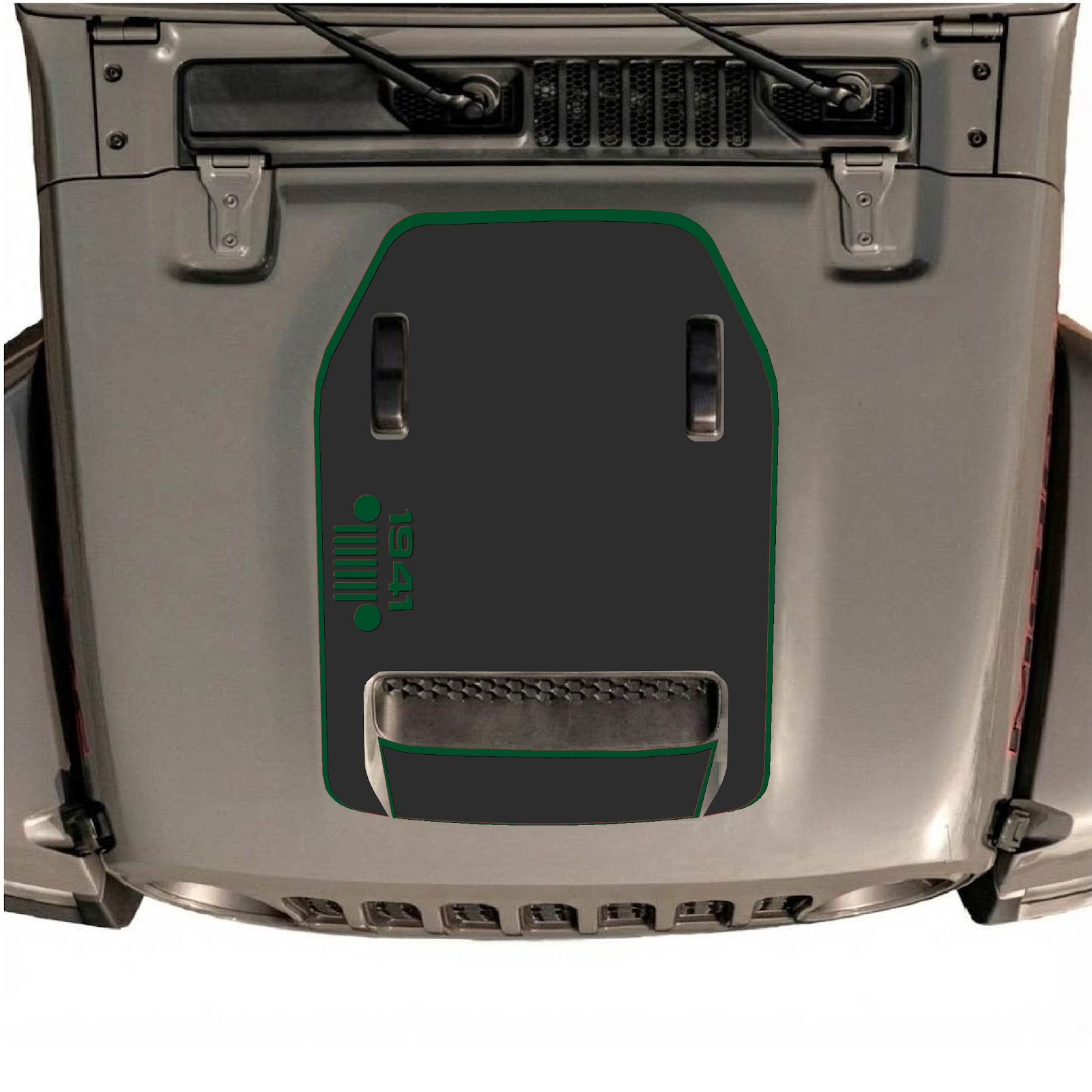CarCode hood decal for Jeep Wrangler JL/JLU Rubicon 392 and JT Gladiator Mojave 2020-2026, style #51, black and gray graphic design.