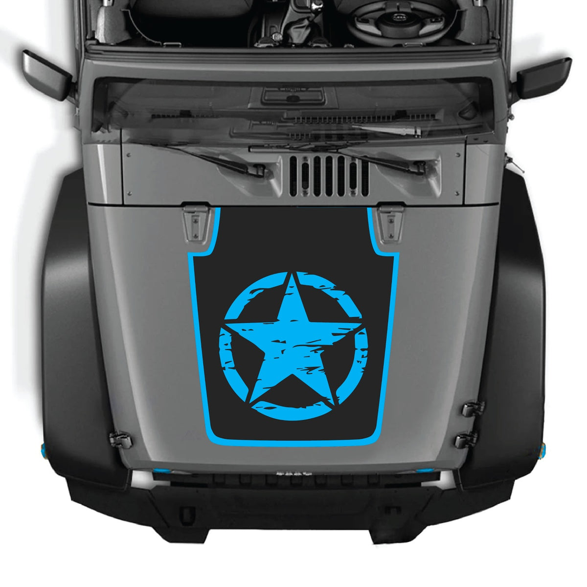 CarCode Jeep Wrangler JK/JKU hood decal with stylish design, fits 2007-2018 models, black and gray graphic decal on hood surface.