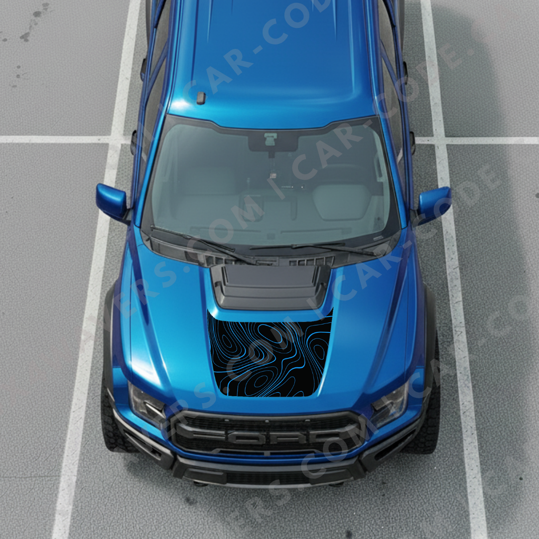 Ford F-150 Raptor Capot – Lignes topographiques audacieuses (Rouge/Vert/Bleu/Or/Gris) – 2017–2025 – Vinyle découpé mat imprimé 3M ou Avery