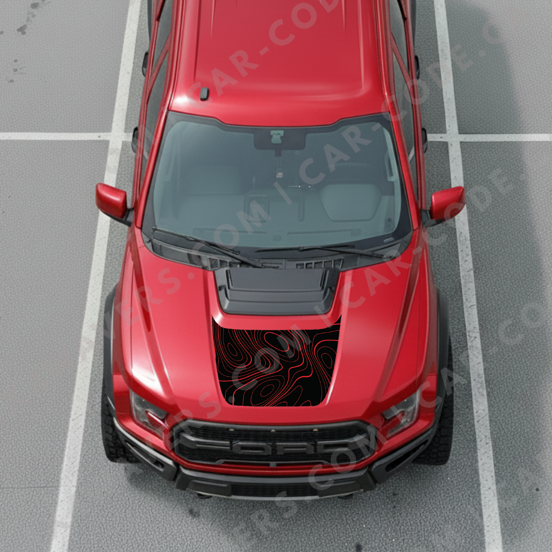 Ford F-150 Raptor Capot – Lignes topographiques audacieuses (Rouge/Vert/Bleu/Or/Gris) – 2017–2025 – Vinyle découpé mat imprimé 3M ou Avery