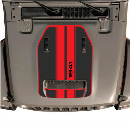 Jeep Wrangler JL/JLU Rubicon 392 and Gladiator Mojave hood decal by CarCode, style #07, in black with detailed graphic design.