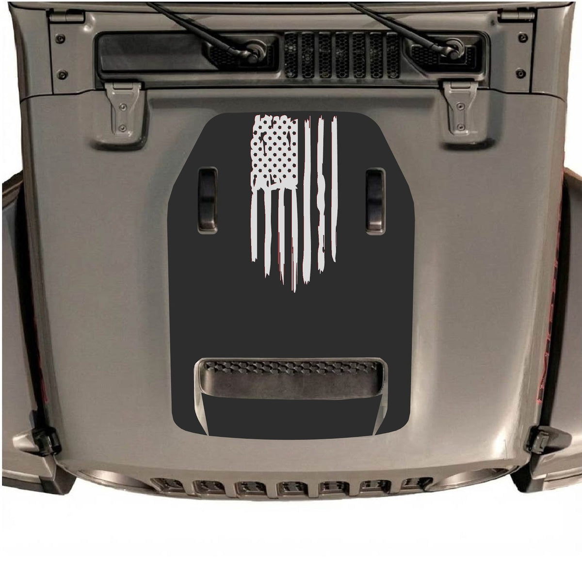 CarCode Jeep Wrangler JL/JLU Rubicon 392 and JT Gladiator Mojave hood decal in Style #32, black graphic design on vehicle hood.