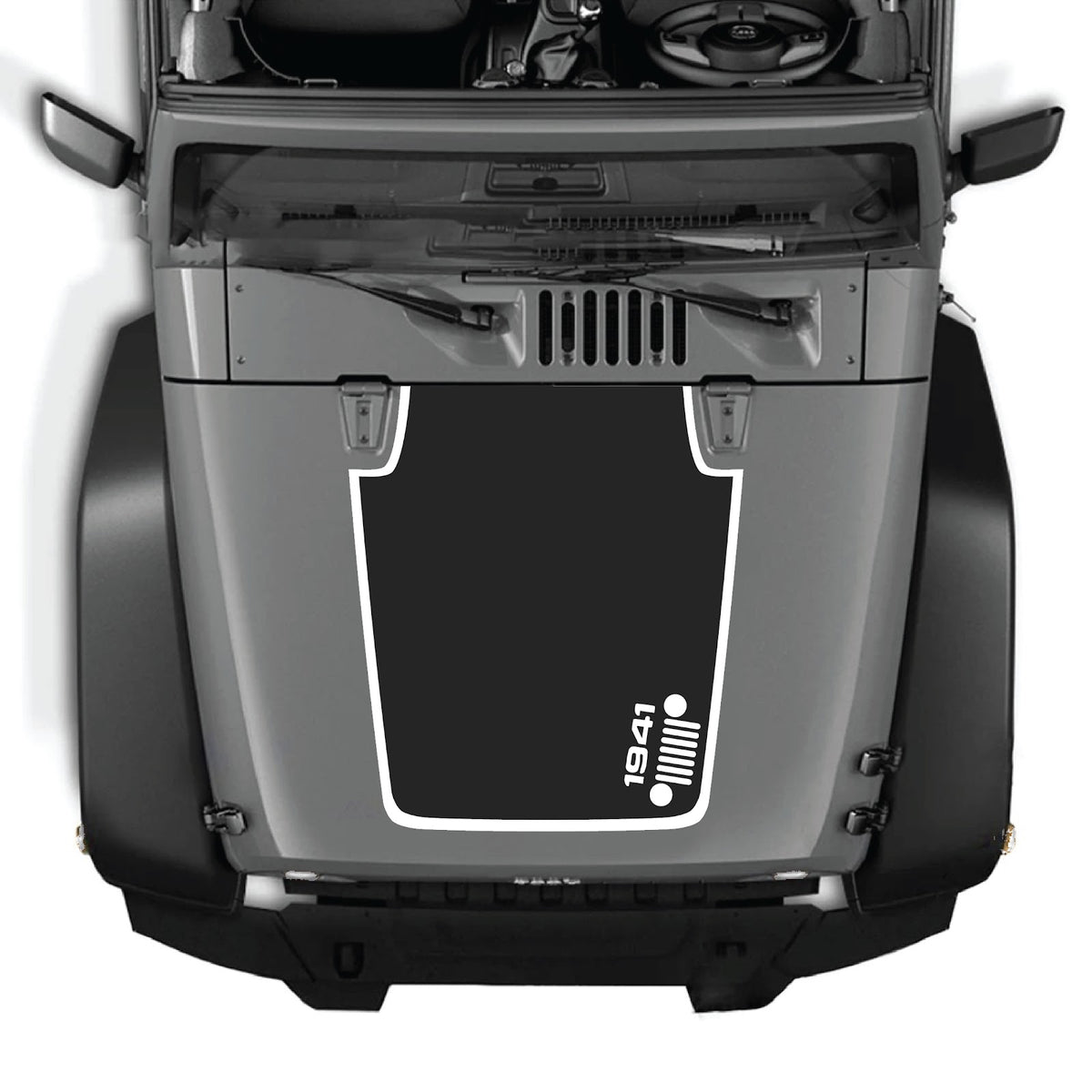 CarCode Jeep Wrangler JK/JKU 2007-2018 hood decal with Style #59, black and white graphic design on vehicle hood