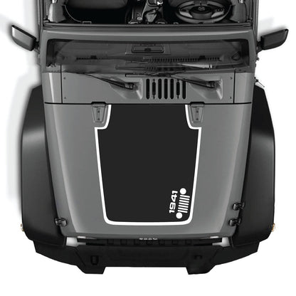 CarCode Jeep Wrangler JK/JKU 2007-2018 hood decal with Style #59, black and white graphic design on vehicle hood