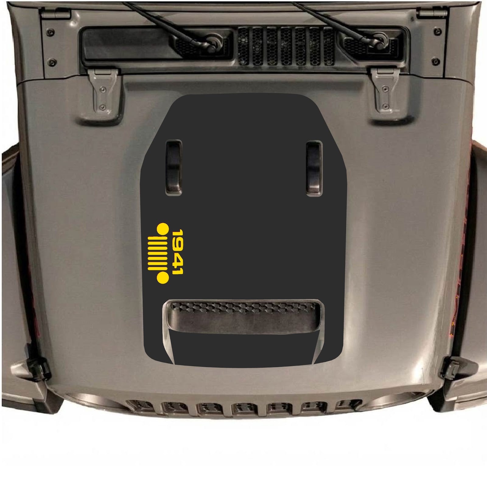 CarCode Jeep Wrangler JL/JLU Rubicon 392 and Gladiator Mojave hood decal in Style #52, black and gray graphic design.