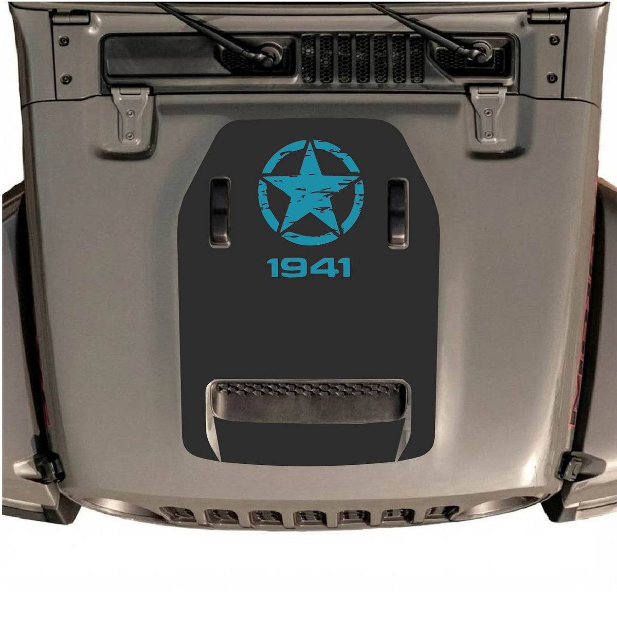 Jeep Wrangler JL/JLU Rubicon 392 et JT Gladiator Mojave, autocollant de capot par CarCode, style #38, présenté sur le capot du véhicule.