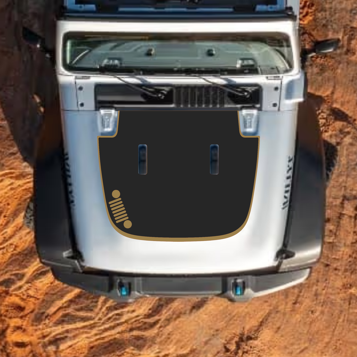 CarCode Jeep Wrangler JL and Gladiator JT hood decal, stylish #38 design for 2018+ models, black decal on hood surface.