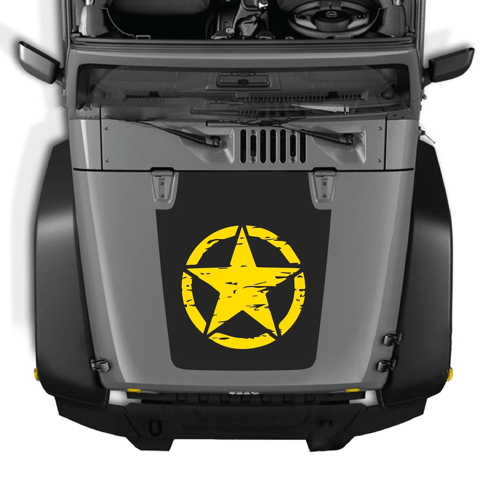 CarCode Jeep Wrangler JK/JKU hood decal in style #25, black graphic design on hood of 2007-2018 Jeep Wrangler.