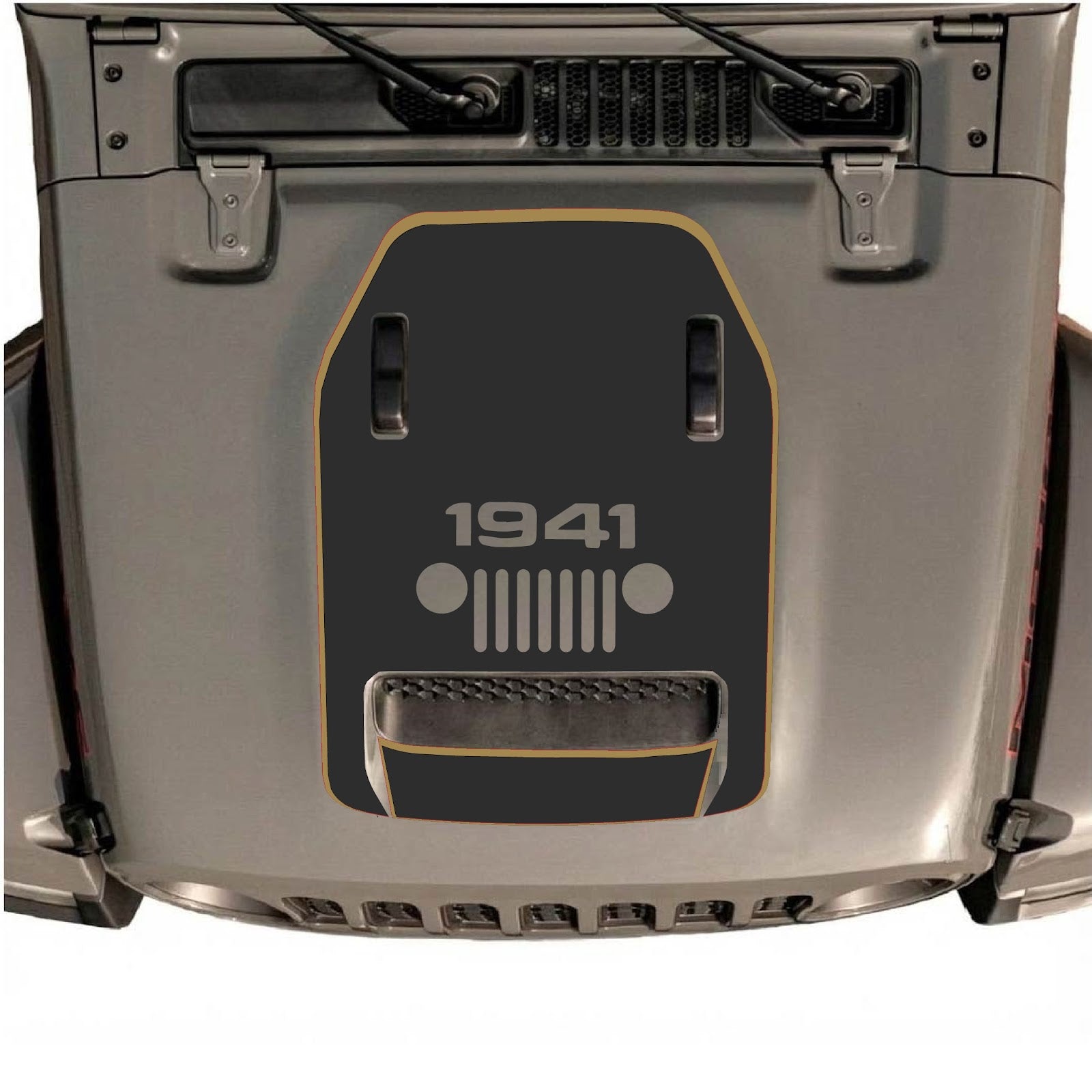 Jeep Wrangler JL/JLU Rubicon 392 or Gladiator Mojave hood decal by CarCode, style #92, shown on vehicle with detailed design.