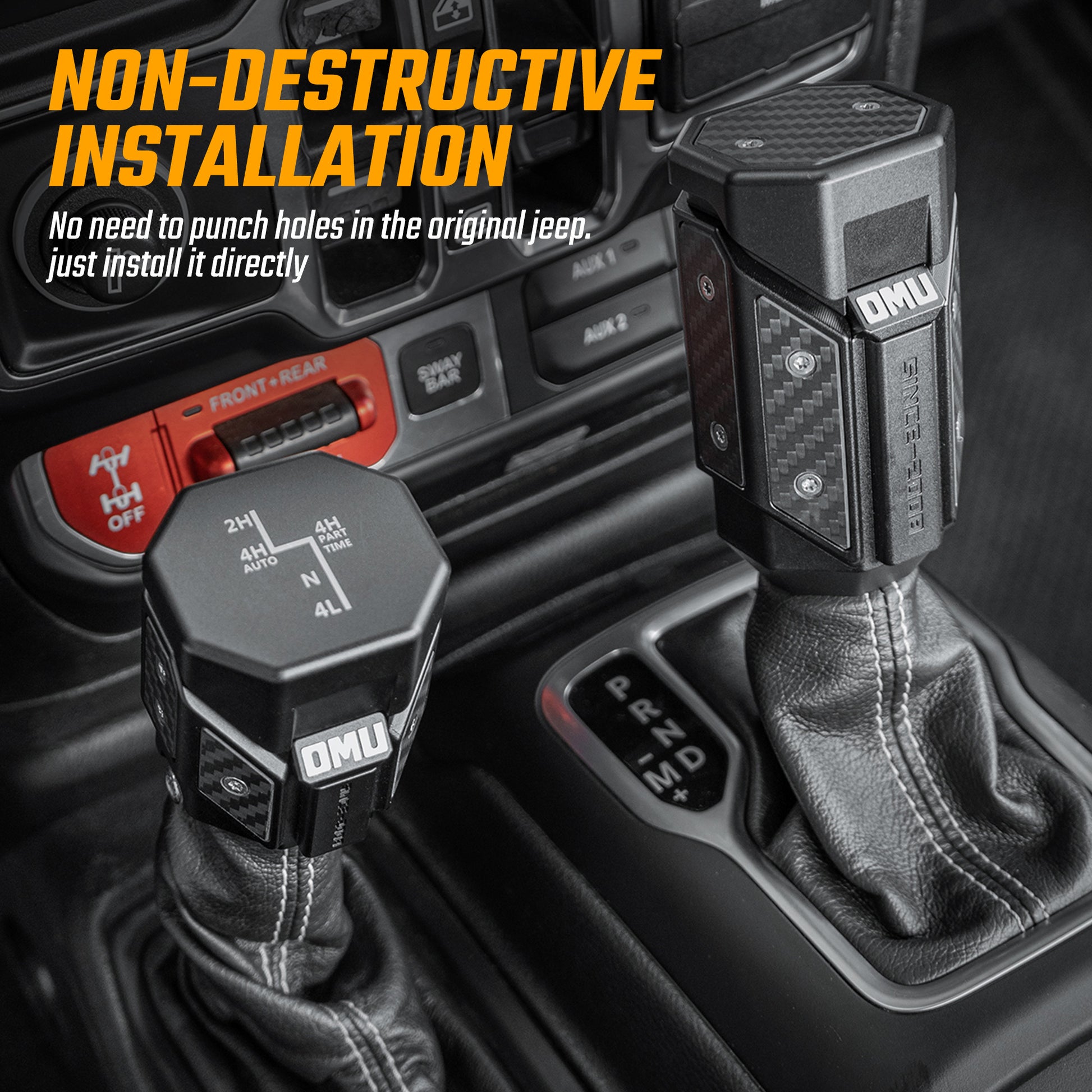 OMU Genesis Series Aluminum Alloy Gear Shif-t Knob  Automatic Transmission Shifter & Transfer Case Lever Handle Kit - Jeep Wrangler JL/JLU/4XE/Gladiator-JT 2018+ - 4X4 WAVERS