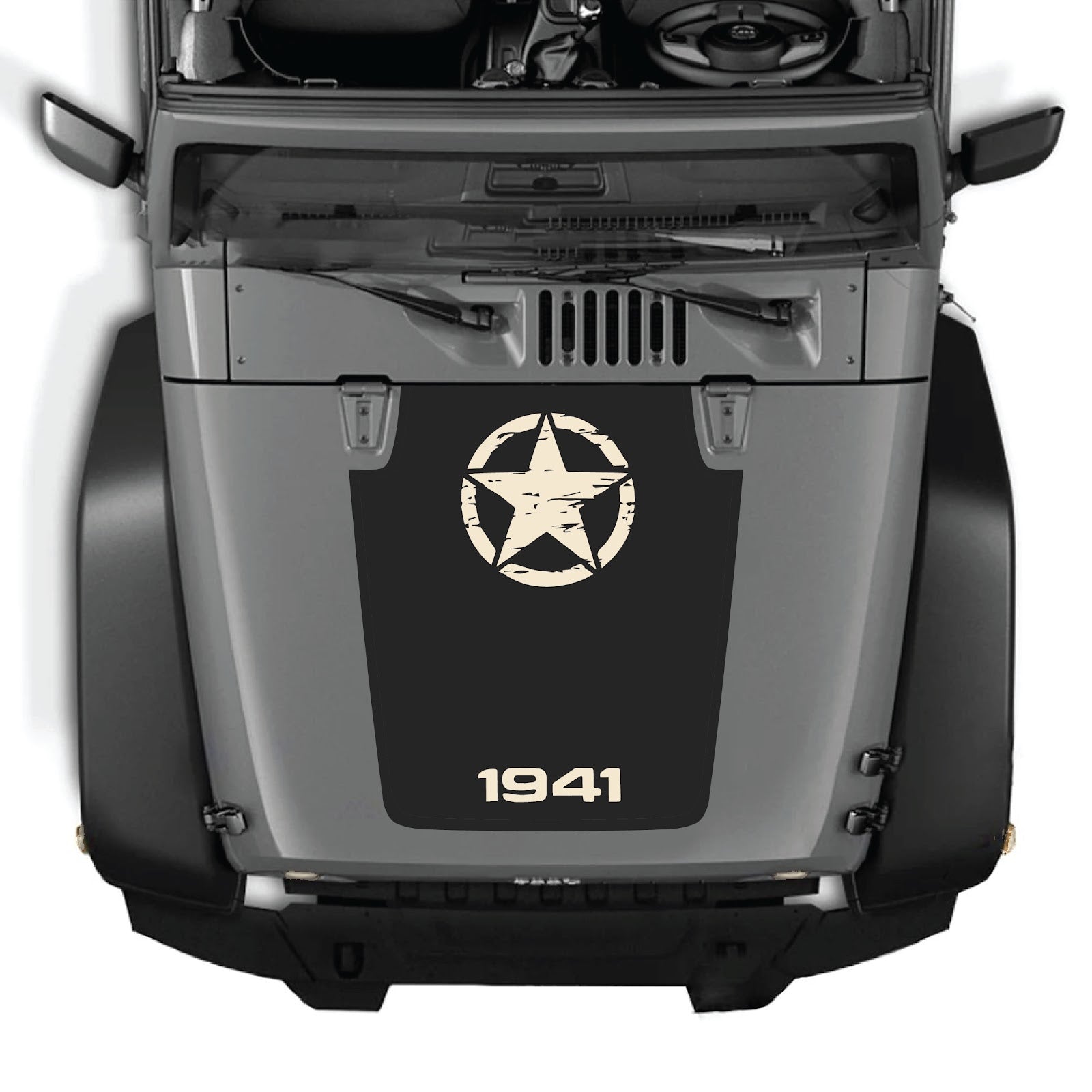Jeep Wrangler JK/JKU hood decal in Style #64 by CarCode, showing a sleek black graphic on the vehicle's hood
