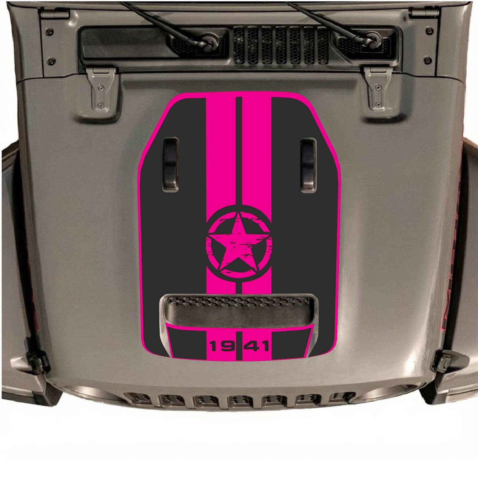 Jeep Wrangler JL/JLU Rubicon 392 and Gladiator Mojave hood decal in Style #05, black and white graphic design by CarCode.