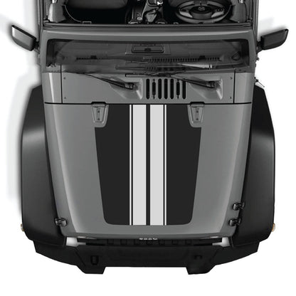 Jeep Wrangler JK/JKU hood decal by CarCode, style #43, in black with white accents, applied to the vehicle's hood.