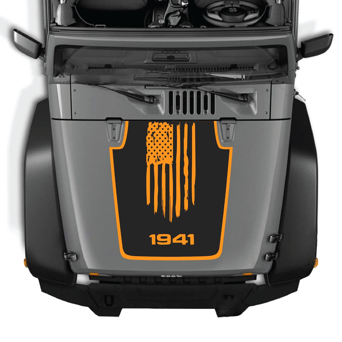 Jeep Wrangler JK/JKU hood decal in style #06 by CarCode, black and gray graphic design on vehicle hood.