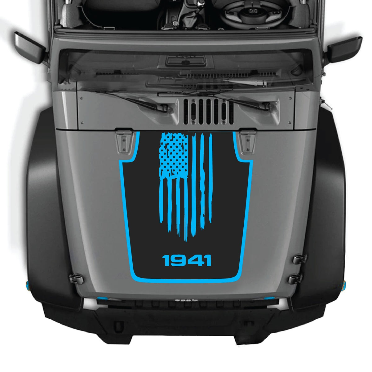 CarCode Jeep Wrangler JK/JKU hood decal in style #06, black and gray graphic design for 2007-2018 models.