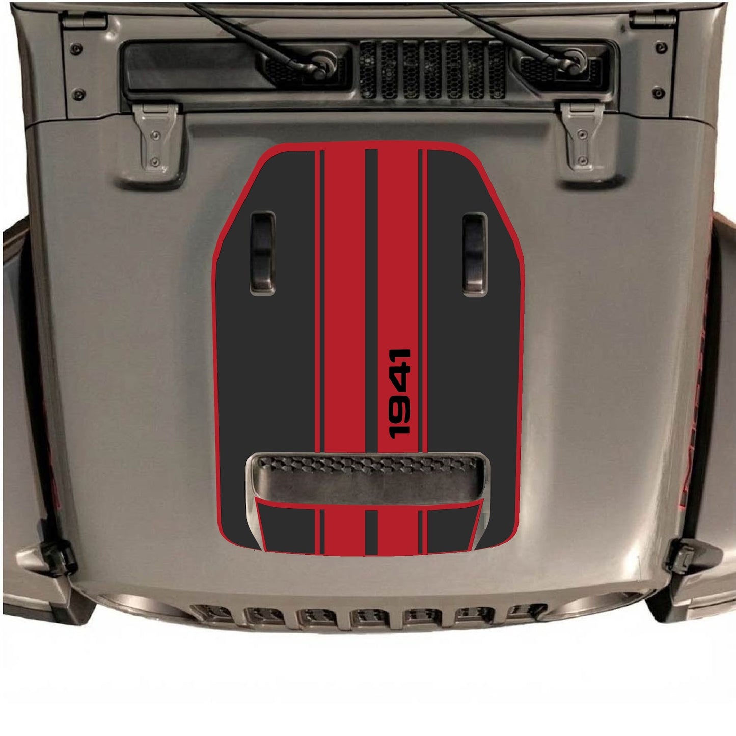 CarCode Jeep Wrangler JL/JLU Rubicon 392 and JT Gladiator Mojave hood decal, style #07, black and silver graphic on vehicle hood