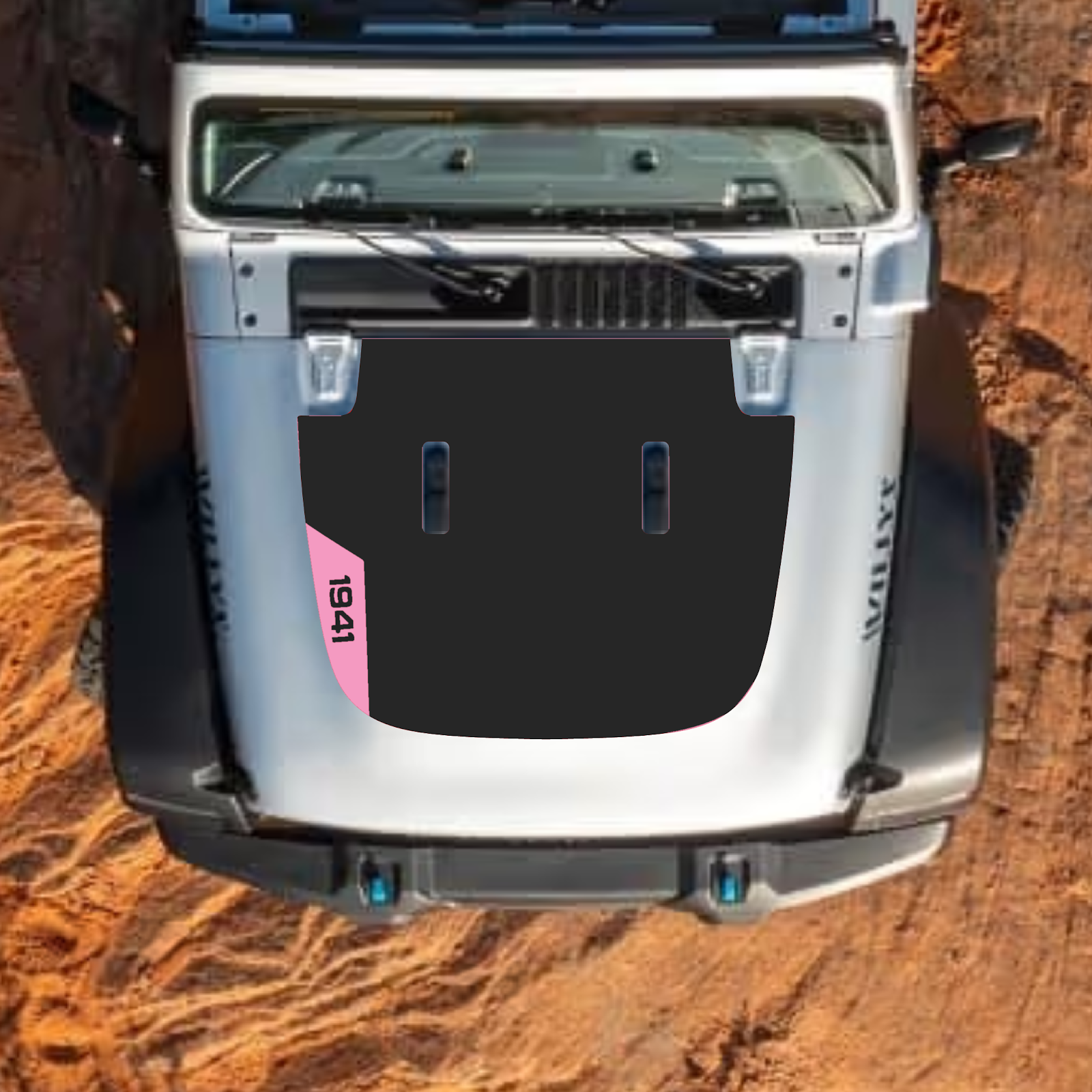CarCode hood decal for Jeep Wrangler JL, JLU, Gladiator JT, standard hood style, black and white graphic design on vehicle hood