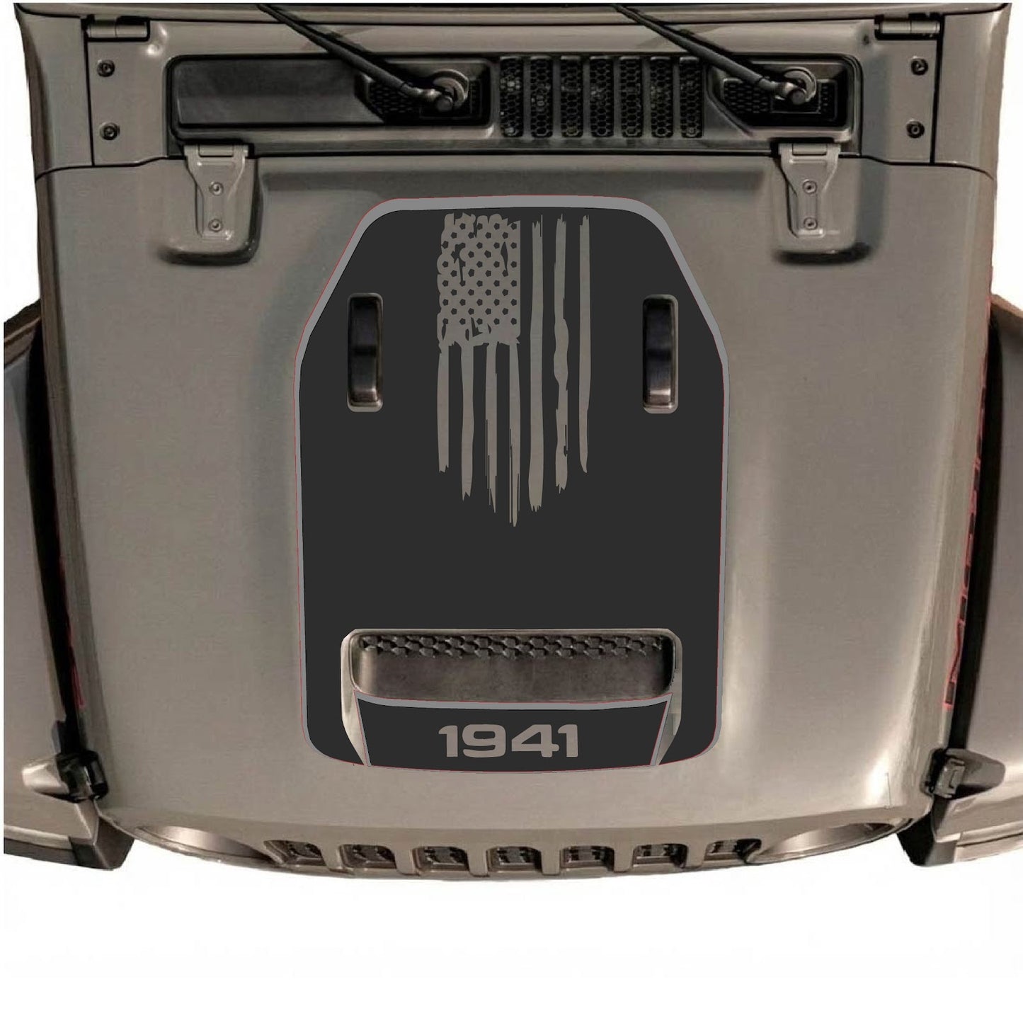 CarCode Jeep Wrangler JL/JLU Rubicon 392 hood decal with style #83, featuring bold black and gray graphic design on vehicle hood.