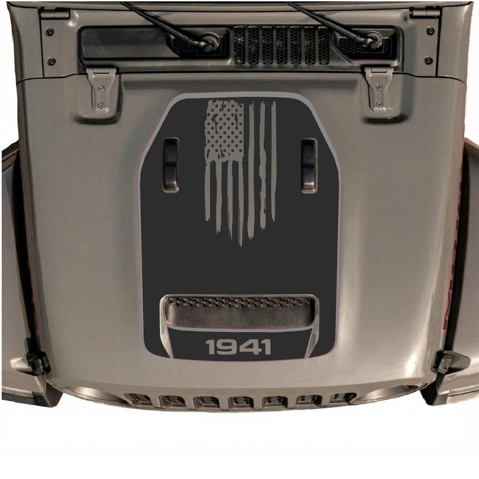 CarCode Jeep Wrangler JL/JLU Rubicon 392 hood decal with style #83, featuring bold black and gray graphic design on vehicle hood.