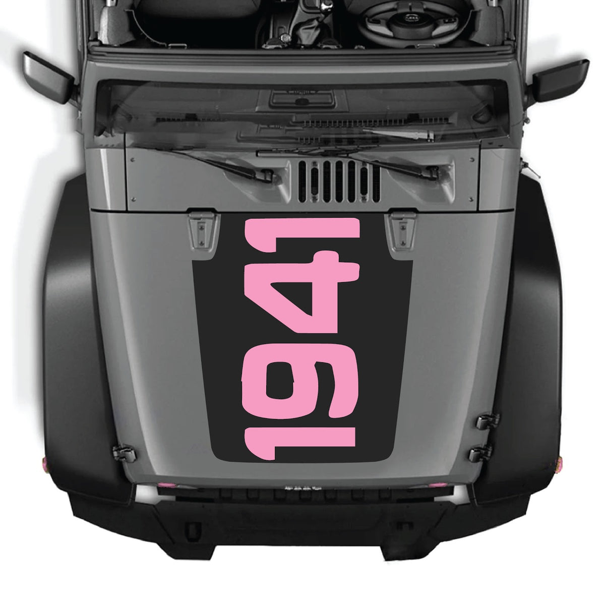CarCode hood decal for Jeep Wrangler JK/JKU 2007-2018, style #48, shown on the vehicle's hood in black and white design.