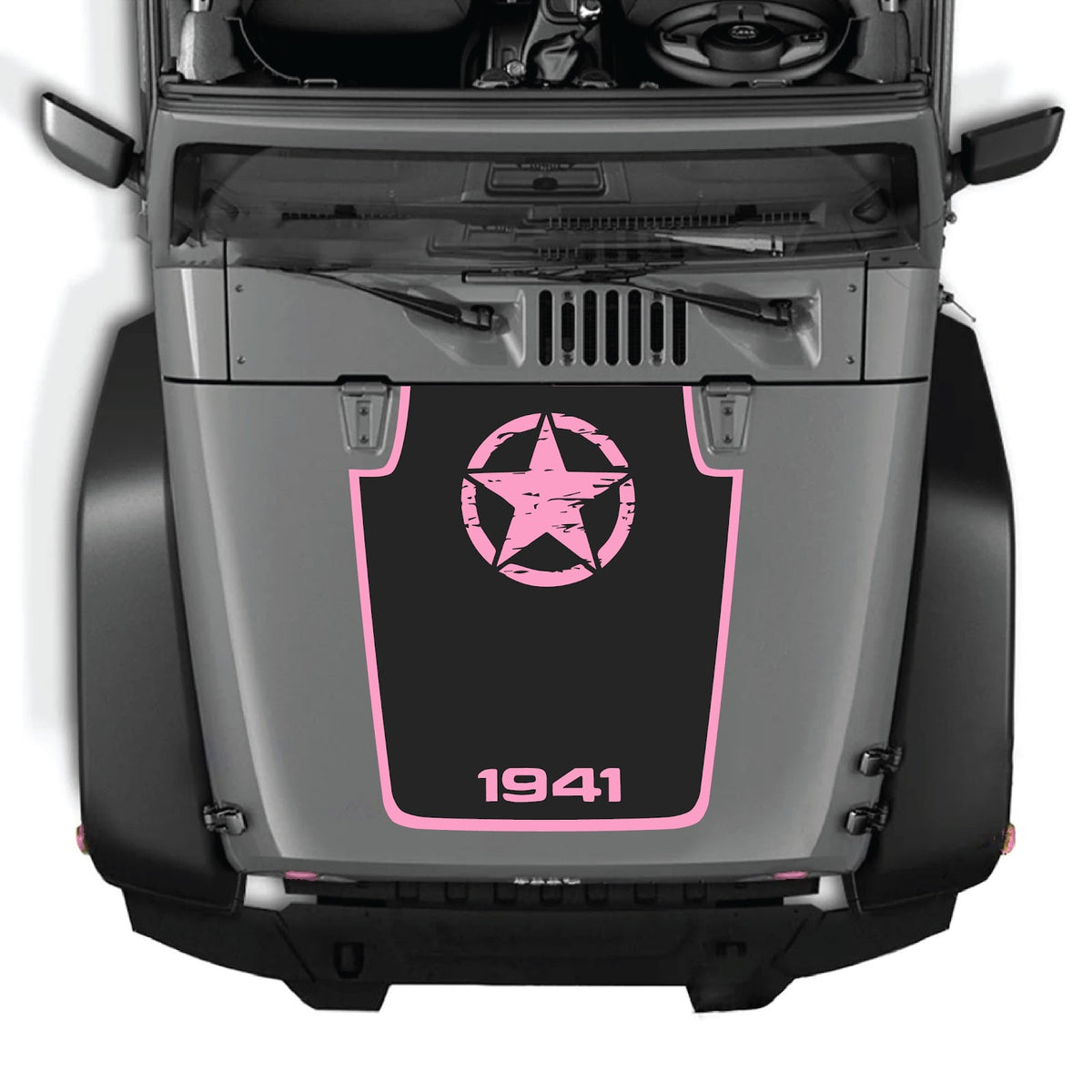 CarCode Jeep Wrangler JK/JKU hood decal in style #65, black graphic design on the vehicle's hood, fits 2007-2018 models.