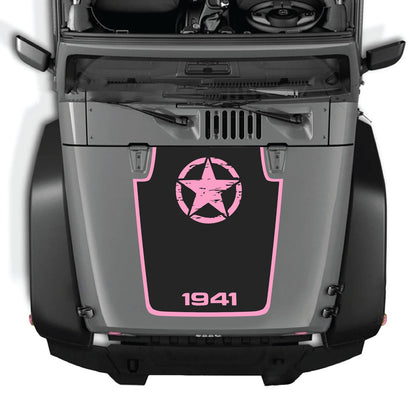 CarCode Jeep Wrangler JK/JKU hood decal in style #65, black graphic design on the vehicle's hood, fits 2007-2018 models.
