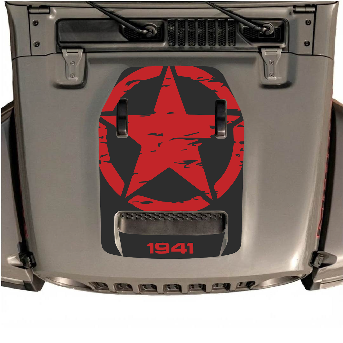 CarCode autocollant de capot pour Jeep Wrangler JL/JLU Rubicon 392 et JT Gladiator Mojave 2020-2026, montrant le design style n°34 sur le capot d’un véhicule.