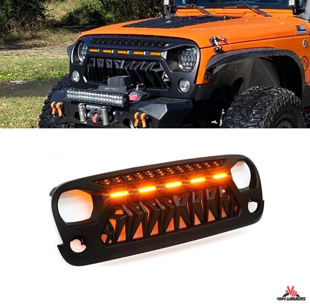 4X4WAVERS Psycho Gecko Series II Grille with 5 Amber LED Lights - Jeep Wrangler JK/JKU 2007-2018 - 4X4 WAVERS