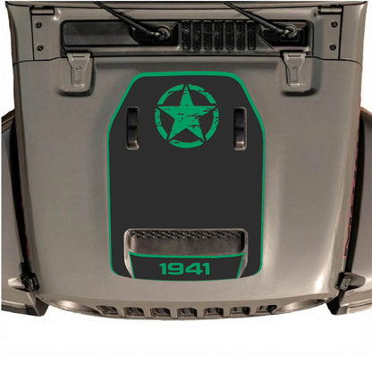 Jeep Wrangler JL/JLU Rubicon 392 or Gladiator Mojave hood decal in style #39, black and silver design by CarCode, displayed on vehicle hood.