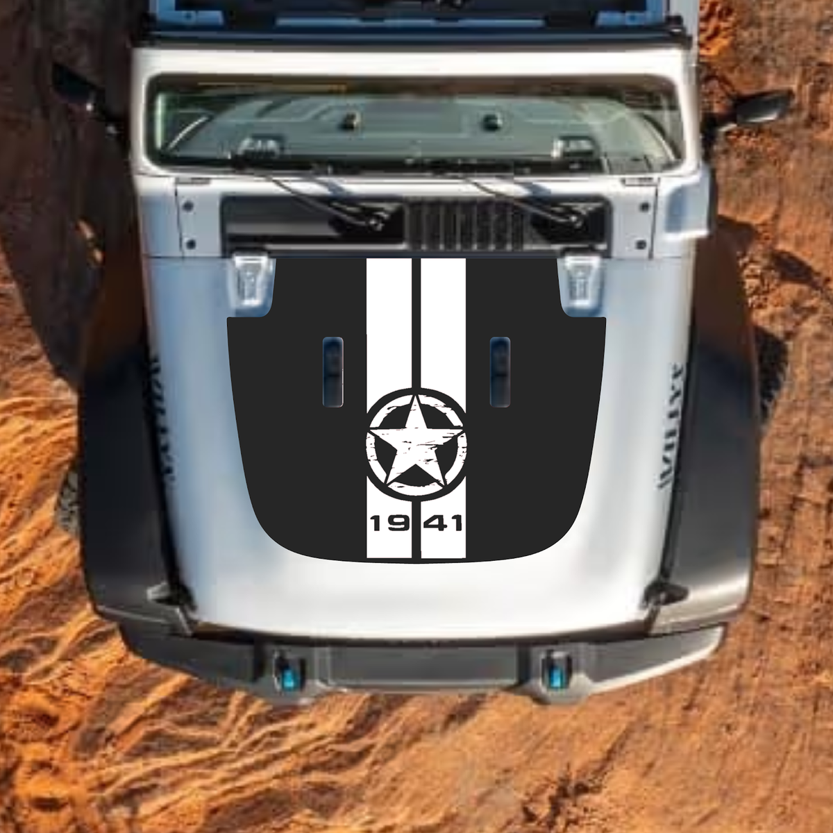 CarCode hood decal for Jeep Wrangler JL and Gladiator JT, stylish standard hood decal in black with bold design for 2018+ models