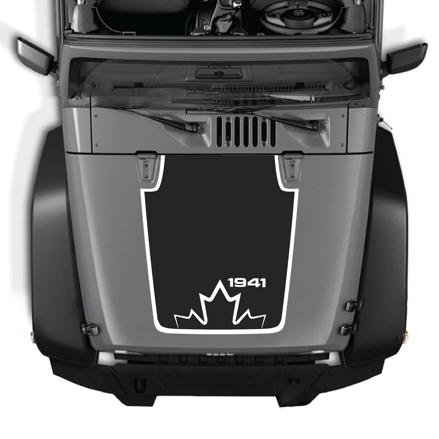 Jeep Wrangler JK/JKU hood decal by CarCode, style #20, black graphic design on vehicle hood for 2007-2018 models.