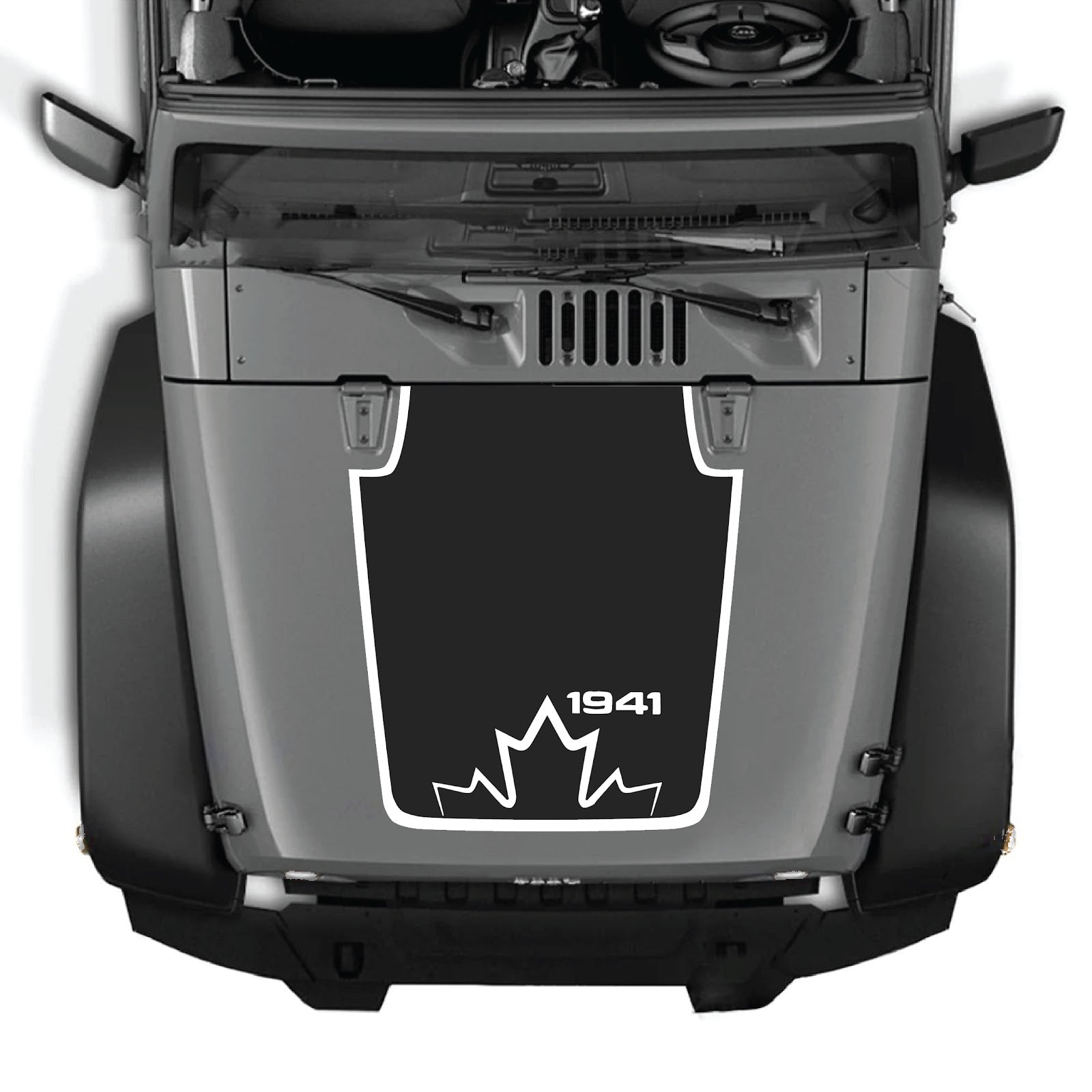 Jeep Wrangler JK/JKU hood decal by CarCode, style #20, black graphic design on vehicle hood for 2007-2018 models.