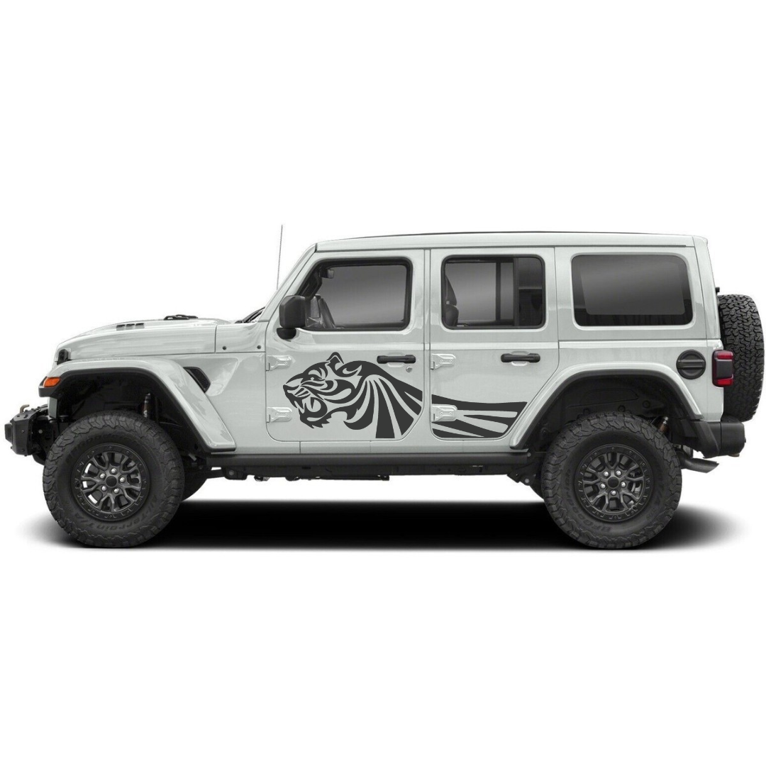 Trail Tiger Side Decal Kit – Cut Avery Vinyl (Black/Blue/Red/White) for Wrangler JL/JLU/JK/JKU/4xe & Gladiator JT – Pair, Pre-Masked