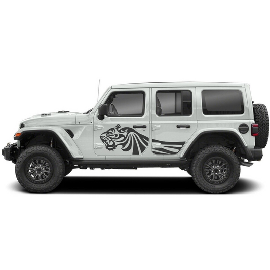 Trail Tiger Side Decal Kit – Cut Avery Vinyl (Black/Blue/Red/White) for Wrangler JL/JLU/JK/JKU/4xe & Gladiator JT – Pair, Pre-Masked