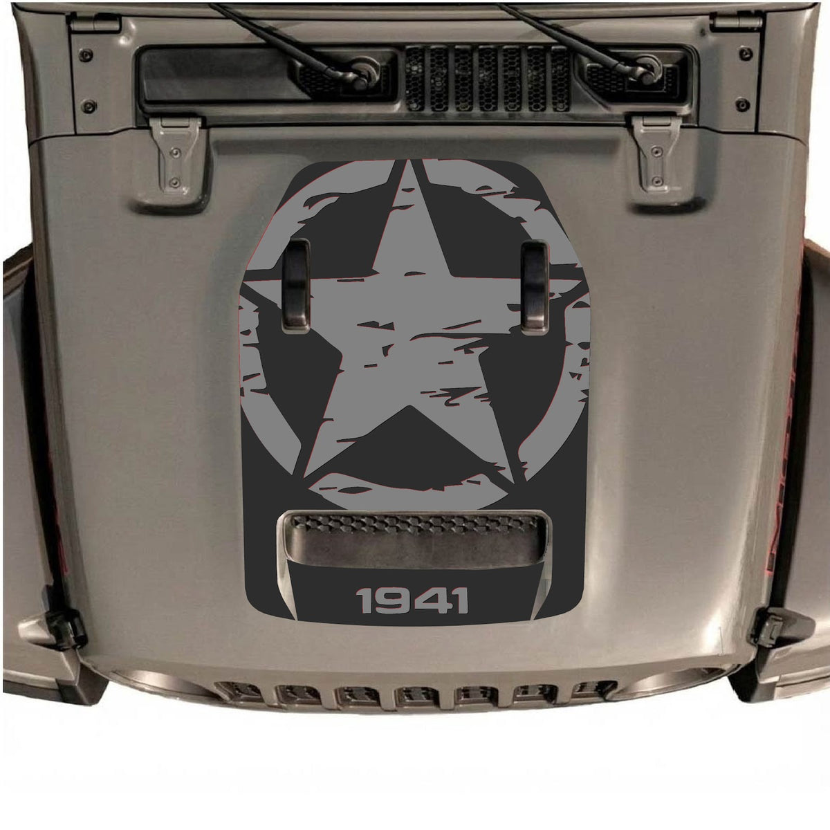Autocollant de capot CarCode pour Jeep Wrangler JL/JLU Rubicon 392 et JT Gladiator Mojave, style n°34, motif noir et gris sur le capot du véhicule