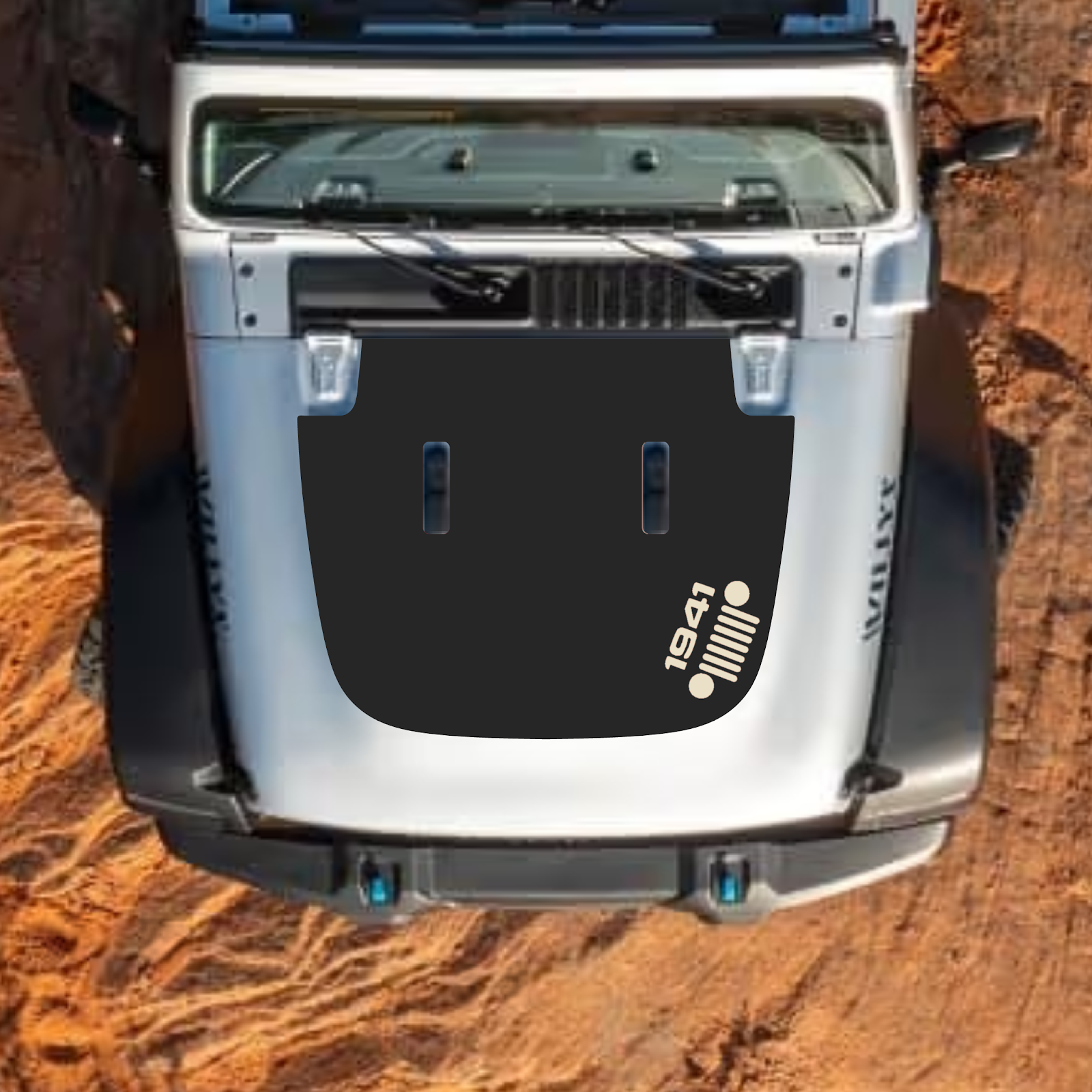 CarCode Jeep Wrangler JL and Gladiator JT hood decal in style #60, black graphic design on standard hood for 2018+ models.