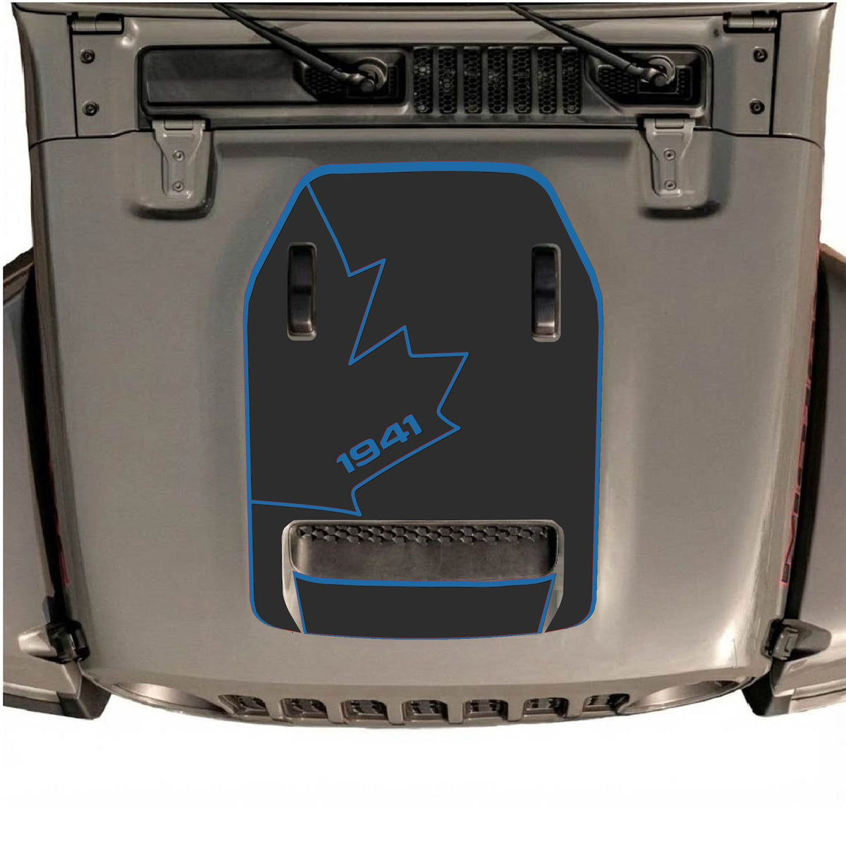 CarCode hood decal for Jeep Wrangler JL/JLU Rubicon 392 and JT Gladiator Mojave 2020-2026, style #25, black and gray graphic design.