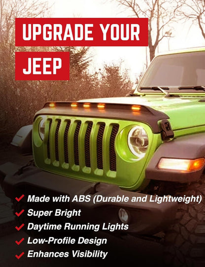 4X4WAVERS Front Hood Protector with Amber LED Lights - Stone Bug Shield - Jeep Wrangler JK/JKU 2007-2018
