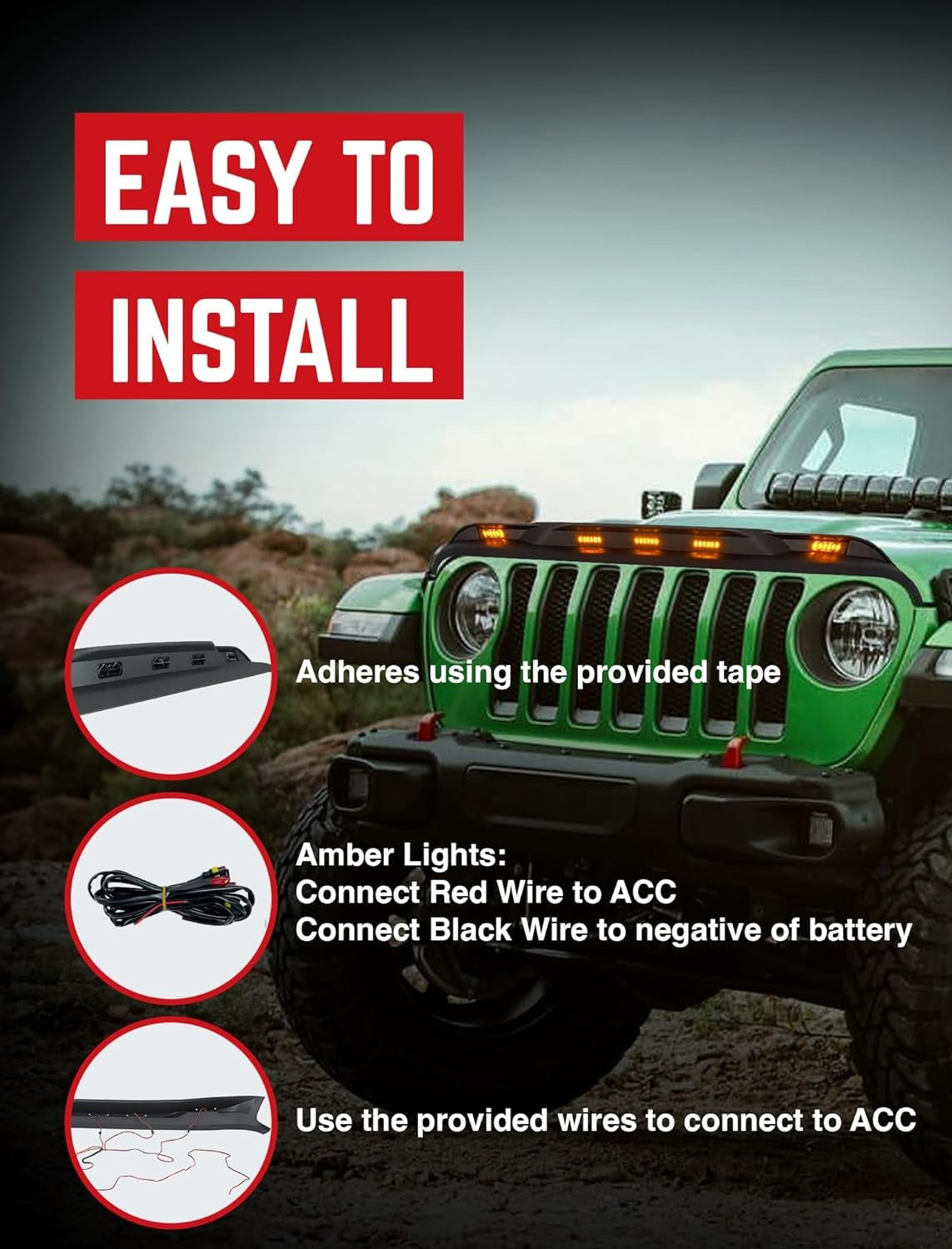 4X4WAVERS Front Hood Protector with Amber LED Lights - Stone Bug Shield - Jeep Wrangler JK/JKU 2007-2018