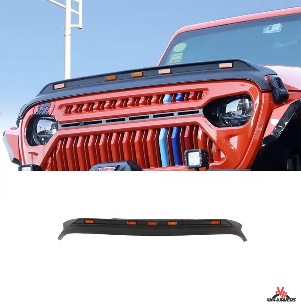 4X4WAVERS Front Hood Protector with Amber LED Lights - Stone Bug Shield - Jeep Wrangler JK/JKU 2007-2018