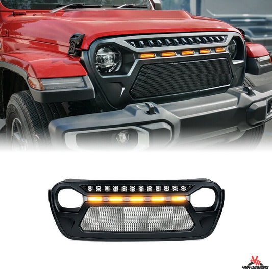 4X4WAVERS Psycho Gecko Series 1 Grille with 5 Amber LED Lights and Metal Mesh - Jeep Wrangler JL/JLU/4XE/Gladiator-JT 2018+