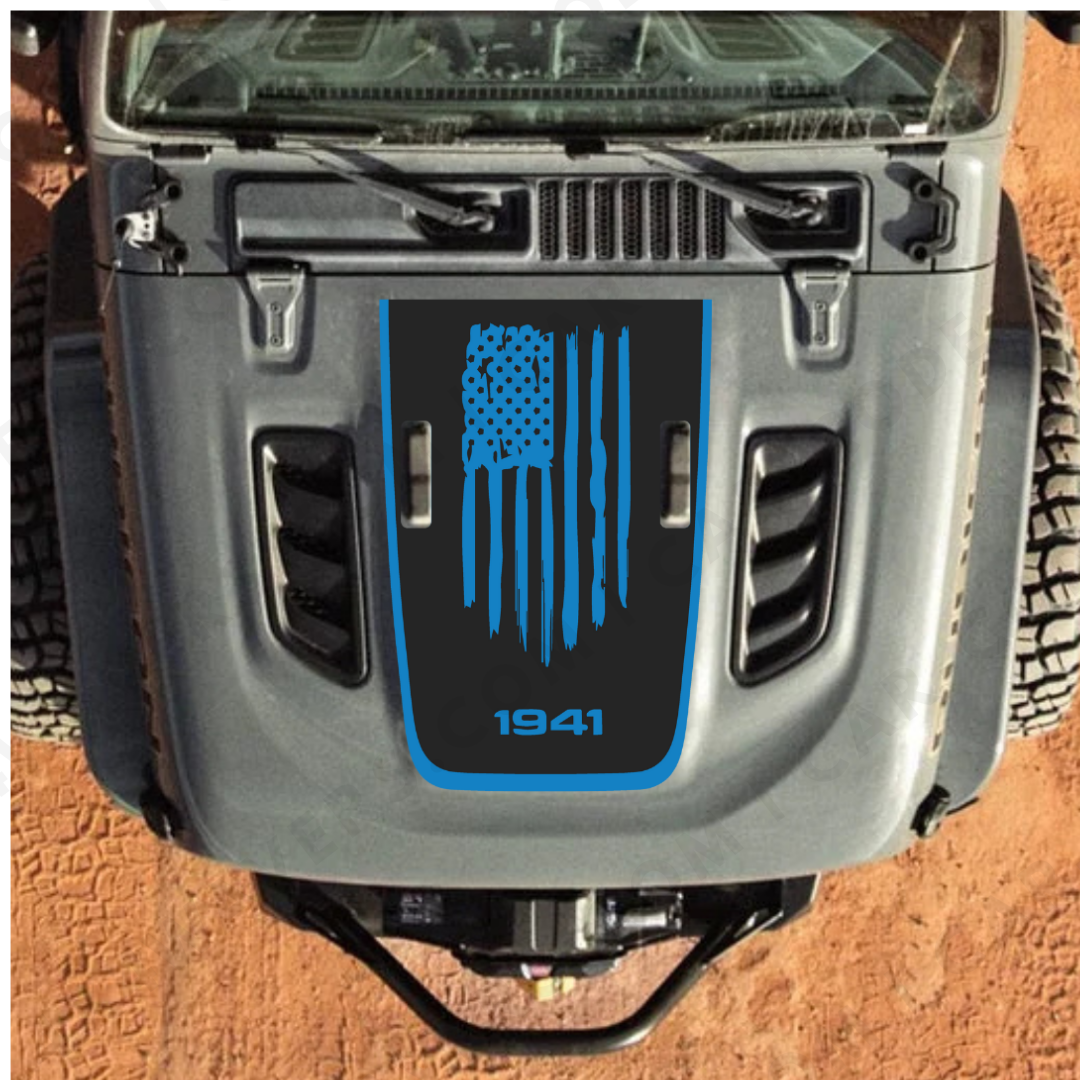 4x4wavers AMERICA 1941 Decal Sticker Kit for JL Rubicon Hood – Vinyl Car Decals for Jeep Wrangler Models – Made in Canada - 4X4 WAVERS