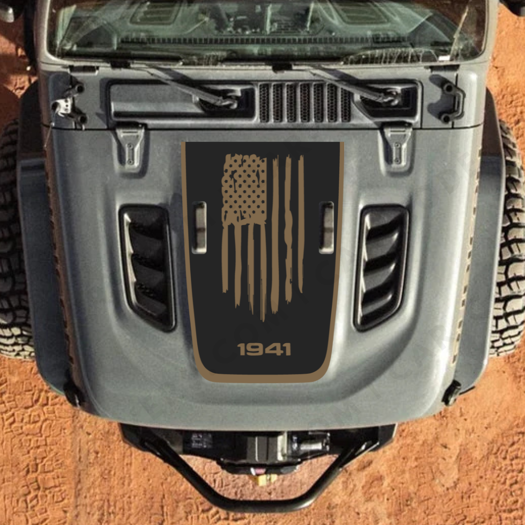 4x4wavers AMERICA 1941 Decal Sticker Kit for JL Rubicon Hood – Vinyl Car Decals for Jeep Wrangler Models – Made in Canada - 4X4 WAVERS