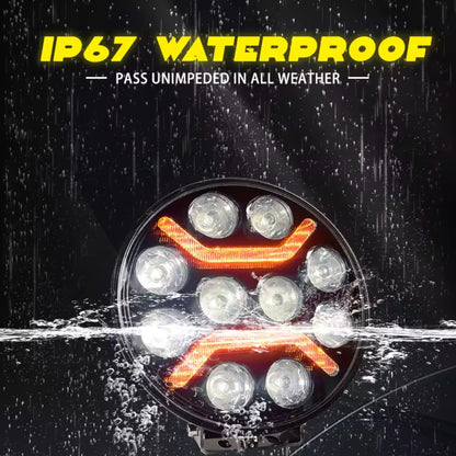 4X4WAVERS 7" Round LED Light 70W Work Light Led - White Light & Amber Lines (1 Light Pod only) - 4X4 WAVERS