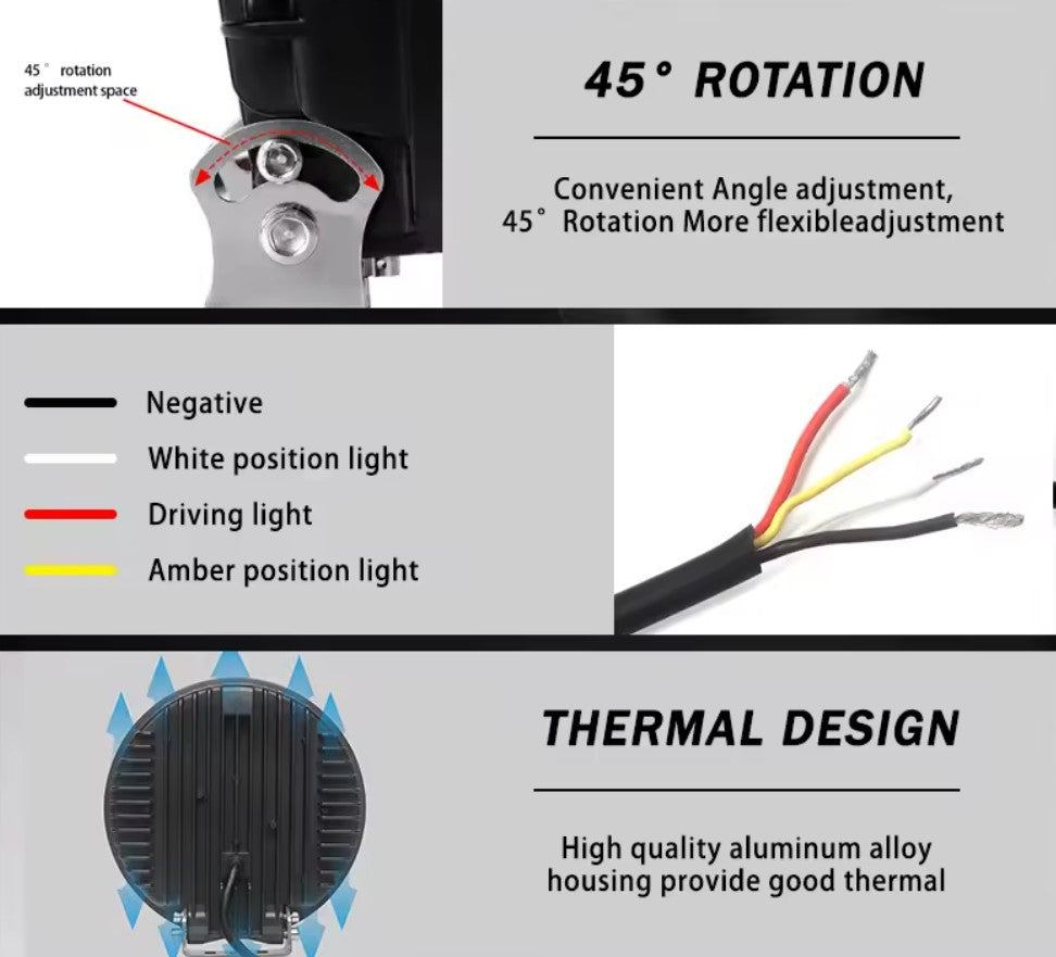 4X4WAVERS 7" Round LED Light 70W Work Light Led - White Light & Amber Lines (1 Light Pod only) - 4X4 WAVERS
