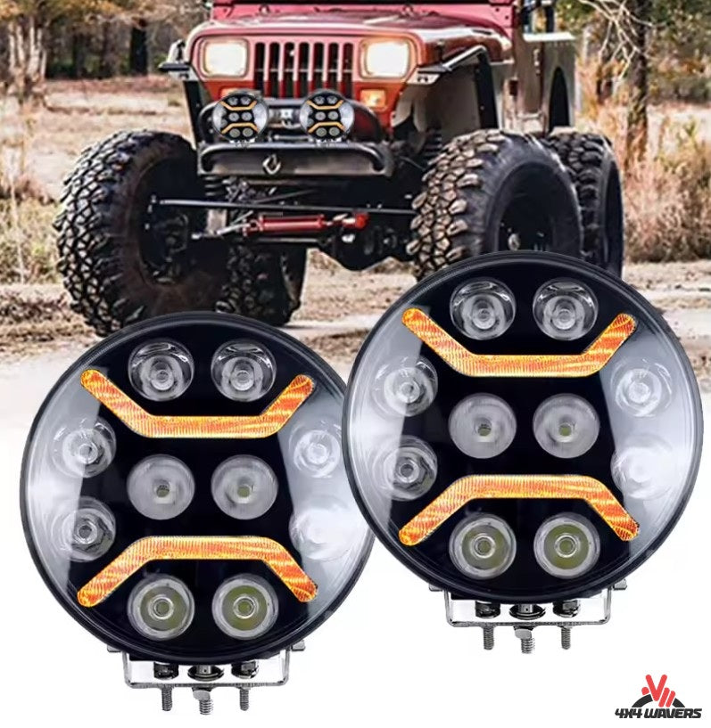 4X4WAVERS 7" Round LED Light 70W Work Light Led - White Light & Amber Lines (1 Light Pod only) - 4X4 WAVERS