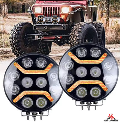 4X4WAVERS 7" Round LED Light 70W Work Light Led - White Light & Amber Lines (1 Light Pod only) - 4X4 WAVERS