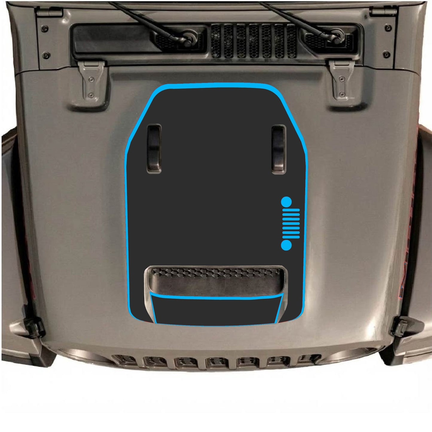 CarCode hood decal for Jeep Wrangler JL/JLU Rubicon 392 and JT Gladiator Mojave, style #57, black and gray graphic design.
