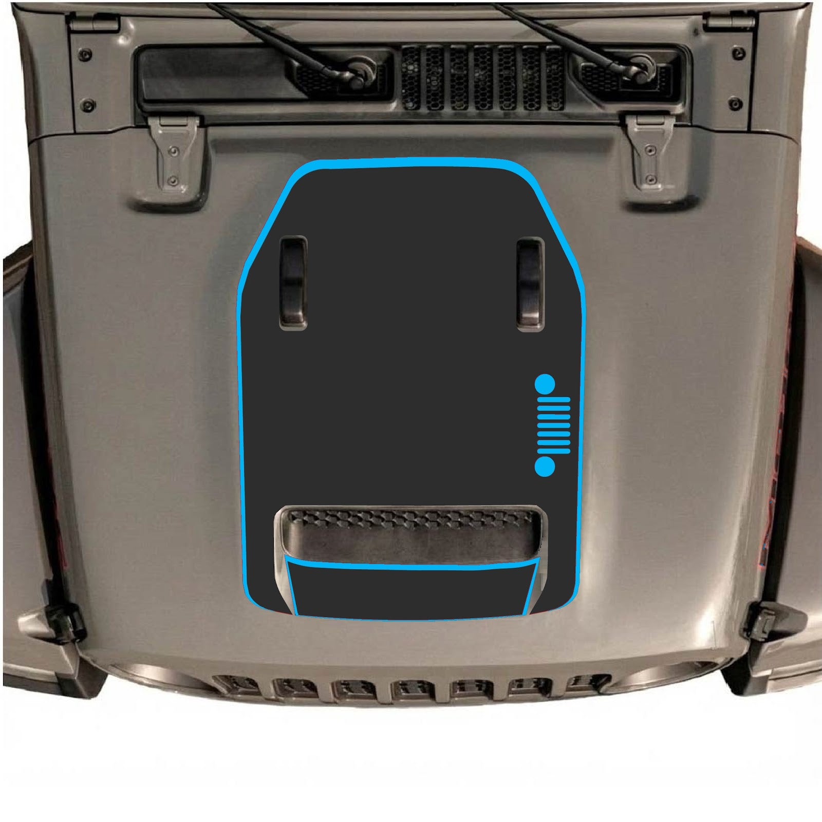 CarCode hood decal for Jeep Wrangler JL/JLU Rubicon 392 and JT Gladiator Mojave, style #57, black and gray graphic design.