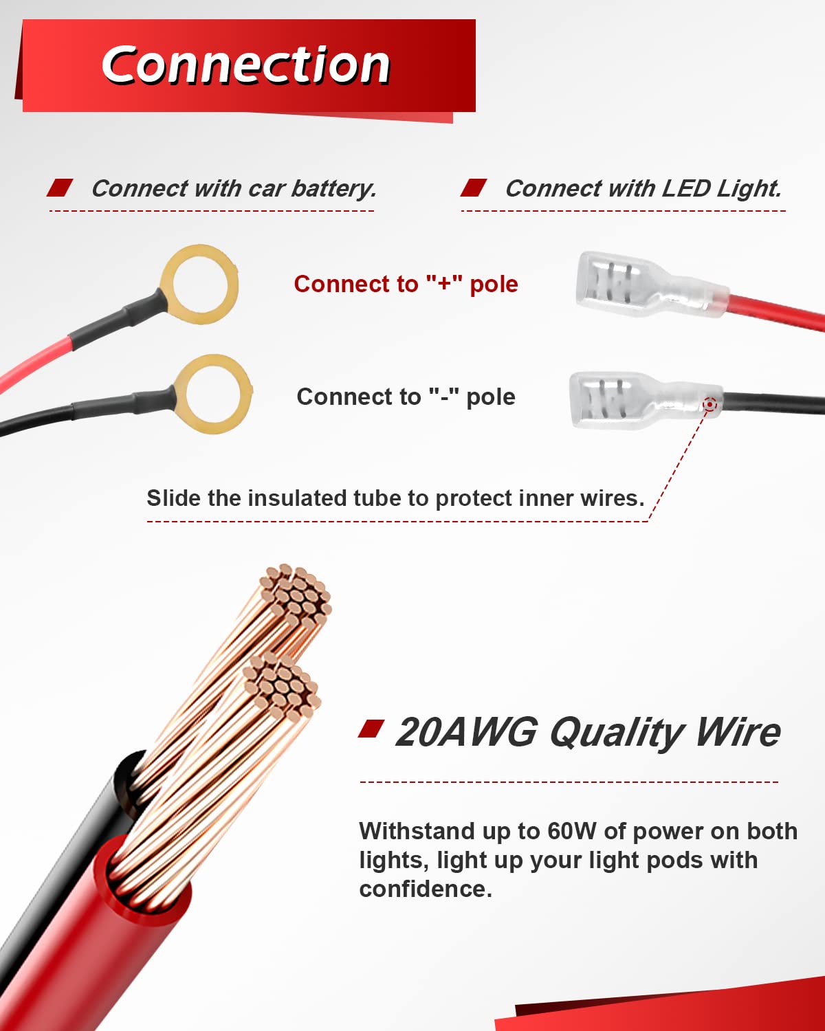 4X4Wavers Wiring Harness for LED Light Bar 2 Leads 12V 20AWG Switch Relay Wire Harness Kit for Offroad LED Pods Light Fog Lights